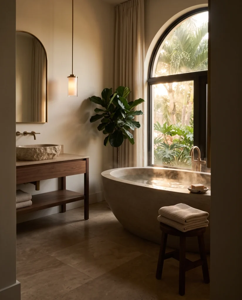 Freestanding stone soaking tub beside an arched window in a boutique hotel bathroom