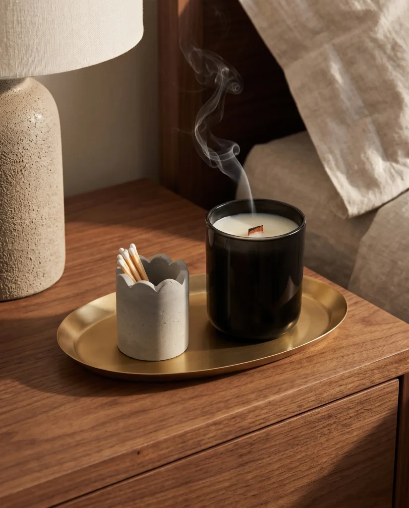 Brass tray with a lit candle and cement match striker on a walnut nightstand