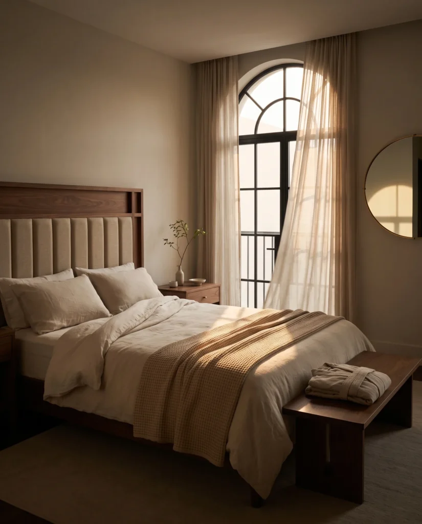 Boutique hotel style bedroom with arched window, sheer curtains, and warm natural light