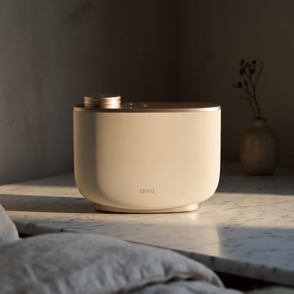 Aera diffuser on a marble nightstand with warm lamp light and linen bedding in the foreground