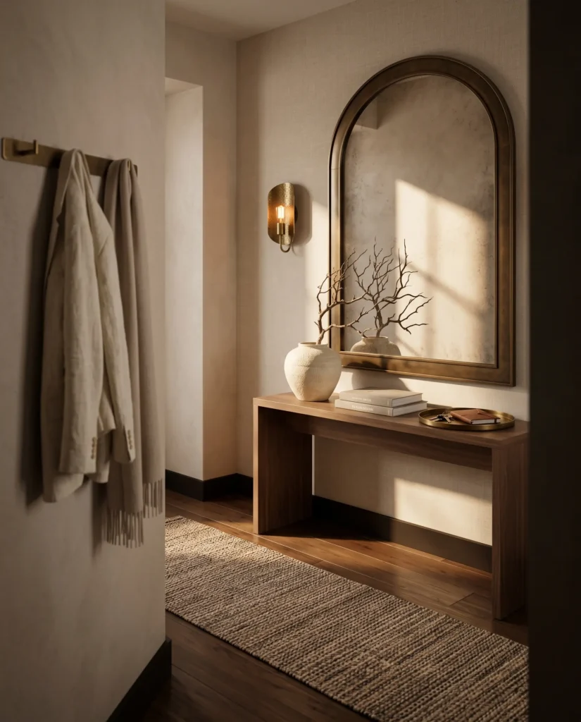 Arched brass mirror above a walnut console table in a boutique hotel entryway