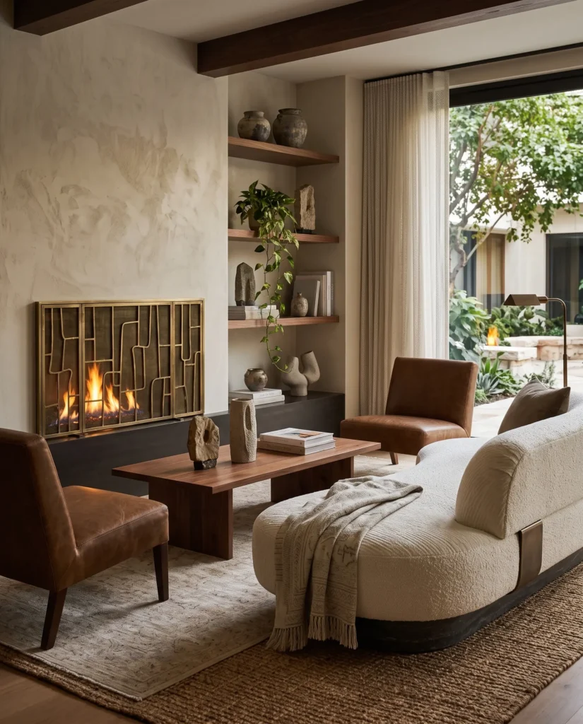 Boutique hotel living room with sculptural brass fireplace screen and curated shelving