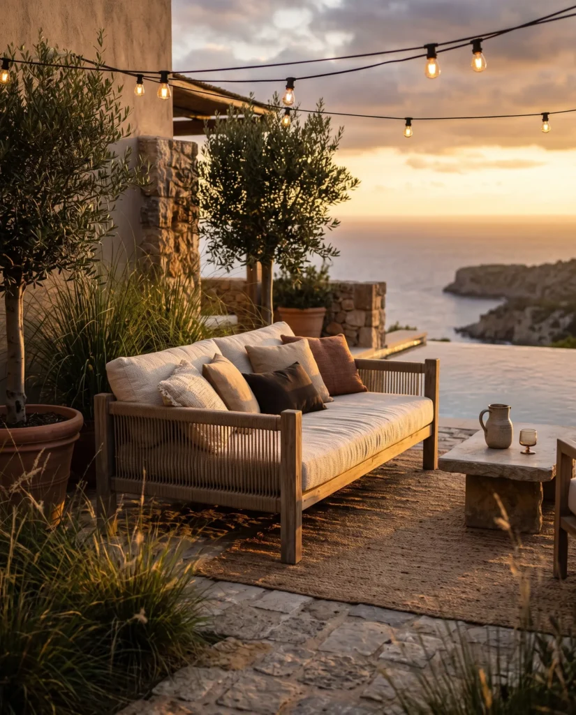 Outdoor daybed on a boutique hotel terrace overlooking the sea at sunset