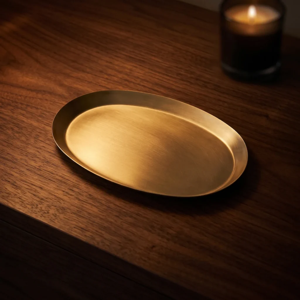 Oval brass tray with a matte finish on a walnut nightstand, warm candlelight glowing softly in the background