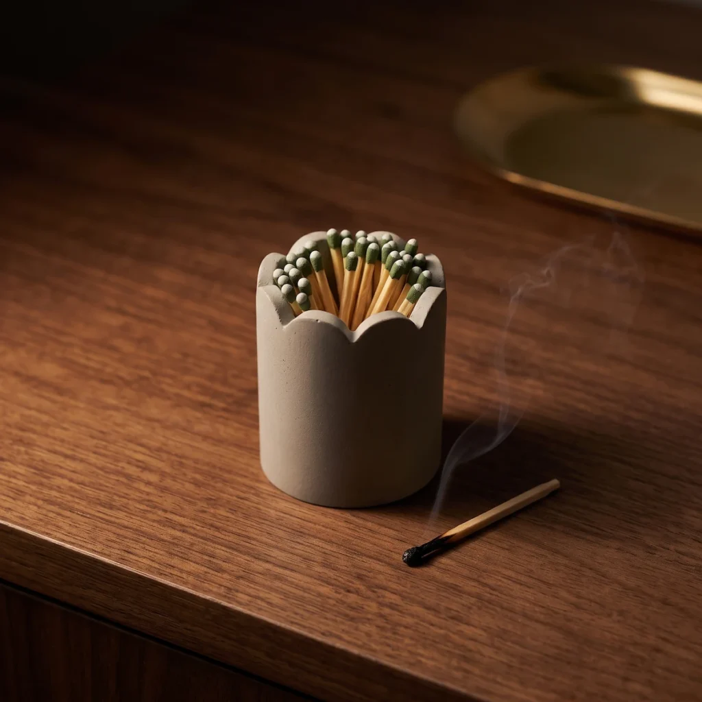 Grey cement match striker filled with matches, a spent match with a curl of smoke resting beside it on a walnut nightstand