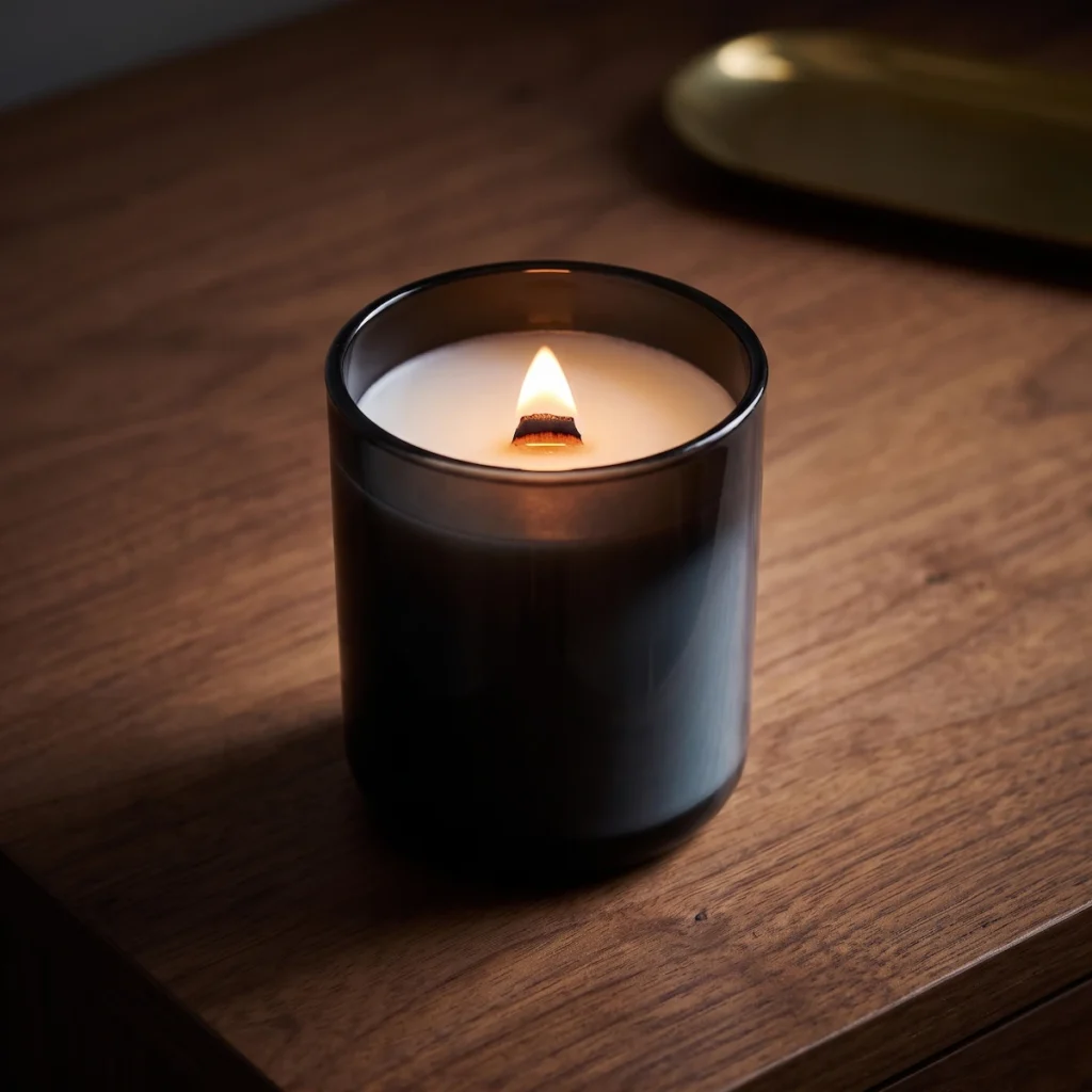Lit black glass candle with a wood wick, warm flame glowing through translucent glass on a walnut nightstand