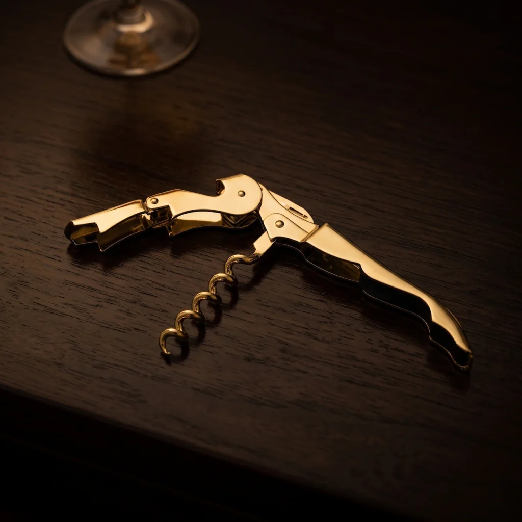 Gold-plated double-hinged corkscrew resting on a dark lacquered surface