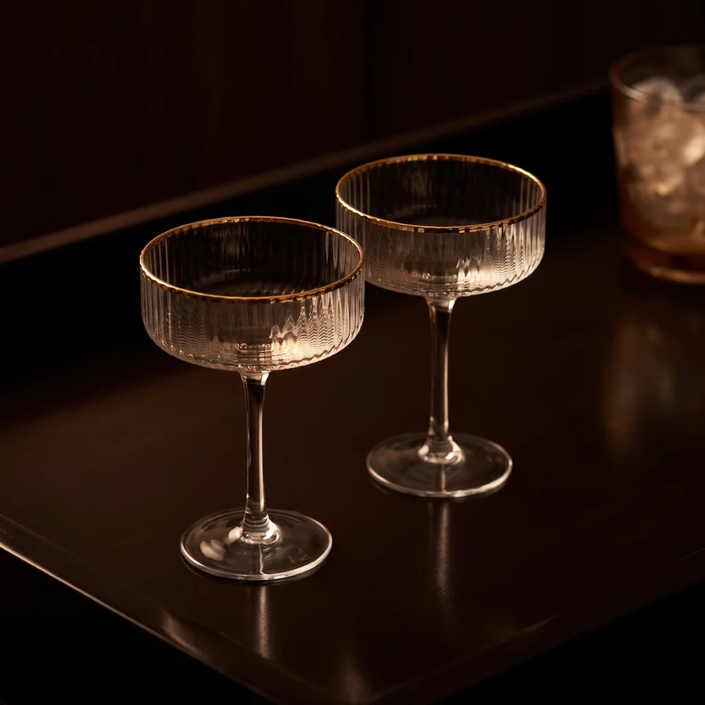 Two Art Deco ripple crystal coupe glasses with gold rims on a dark lacquered surface