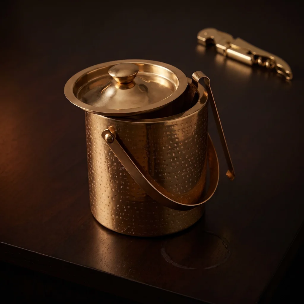 Brass ice bucket with tongs and an askew lid on a dark lacquered surface